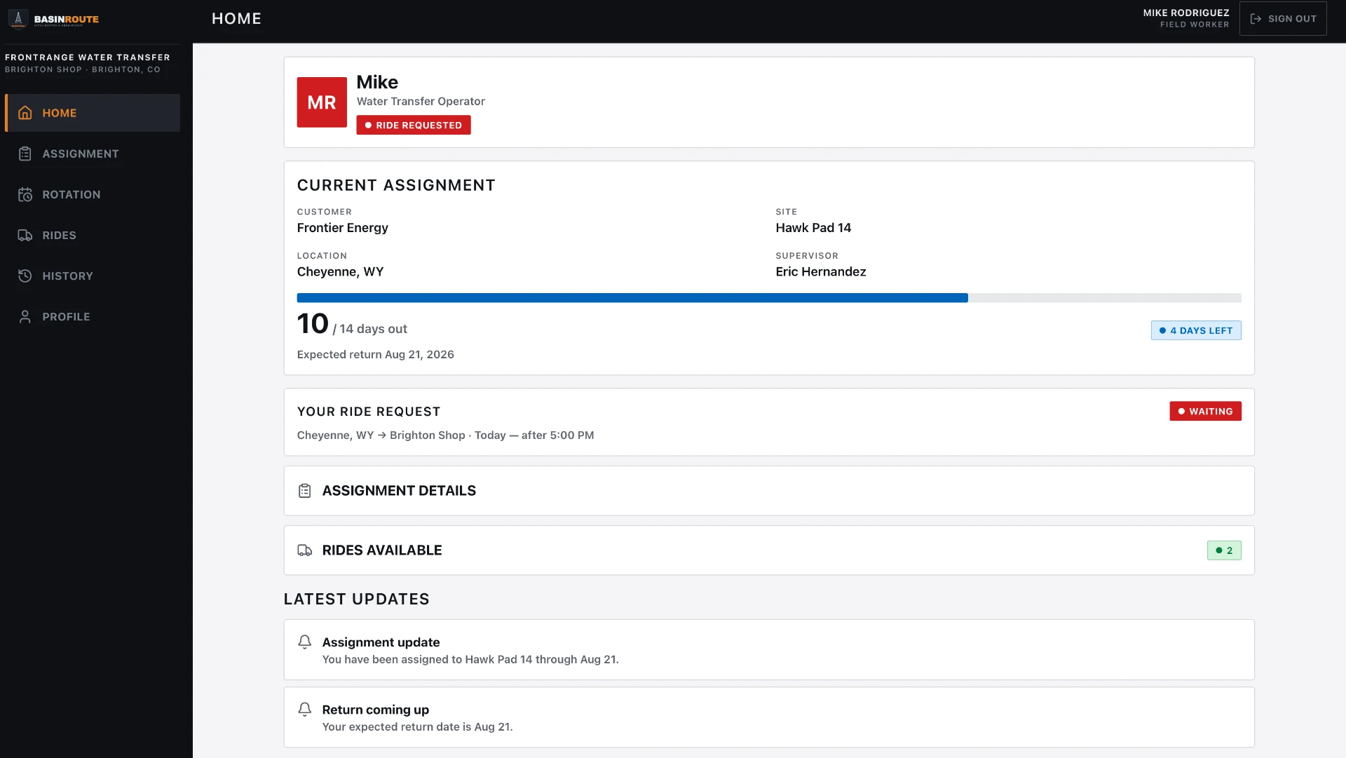 BasinRoute Field Worker Experience interface