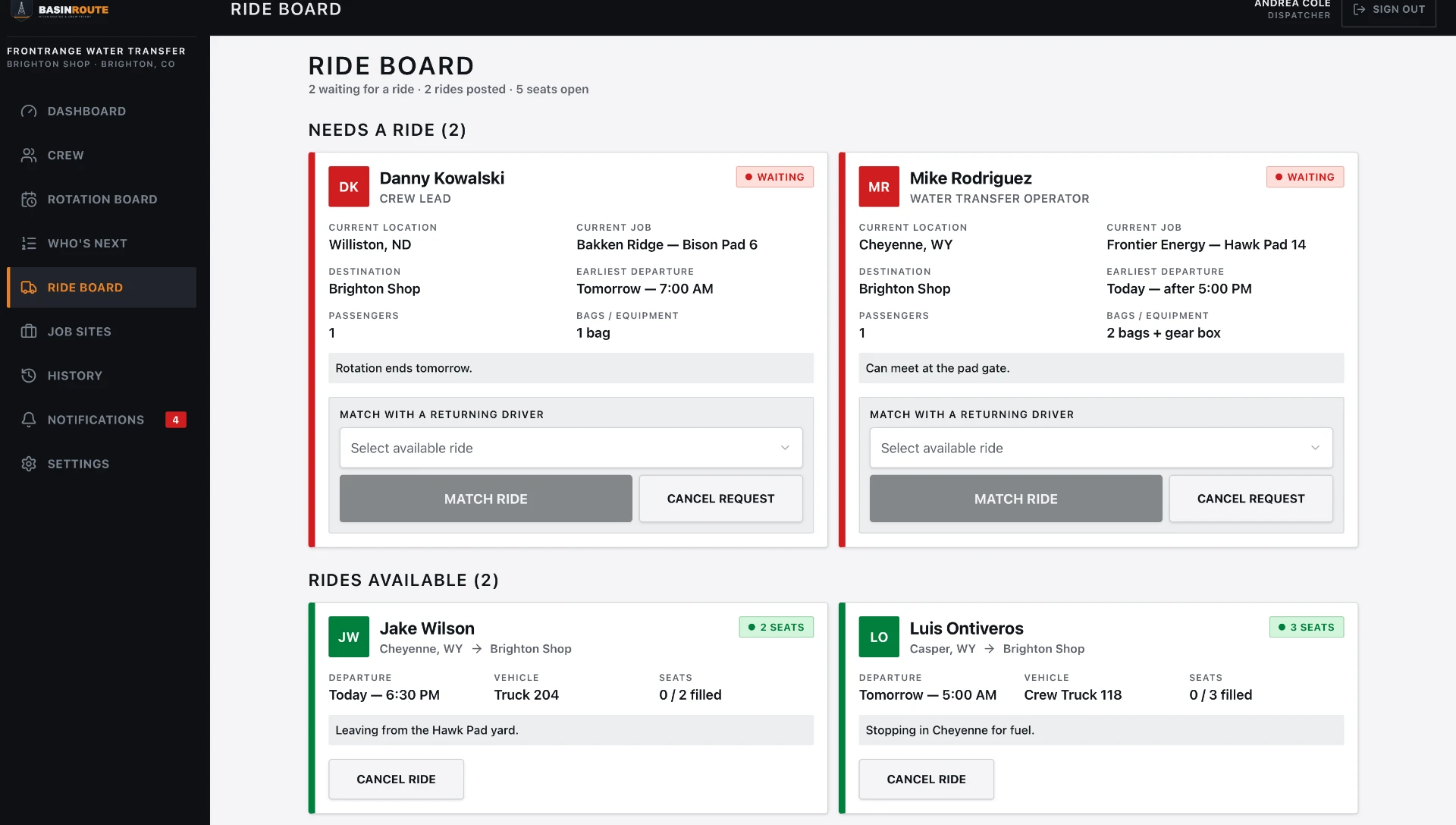 BasinRoute Ride Coordination interface