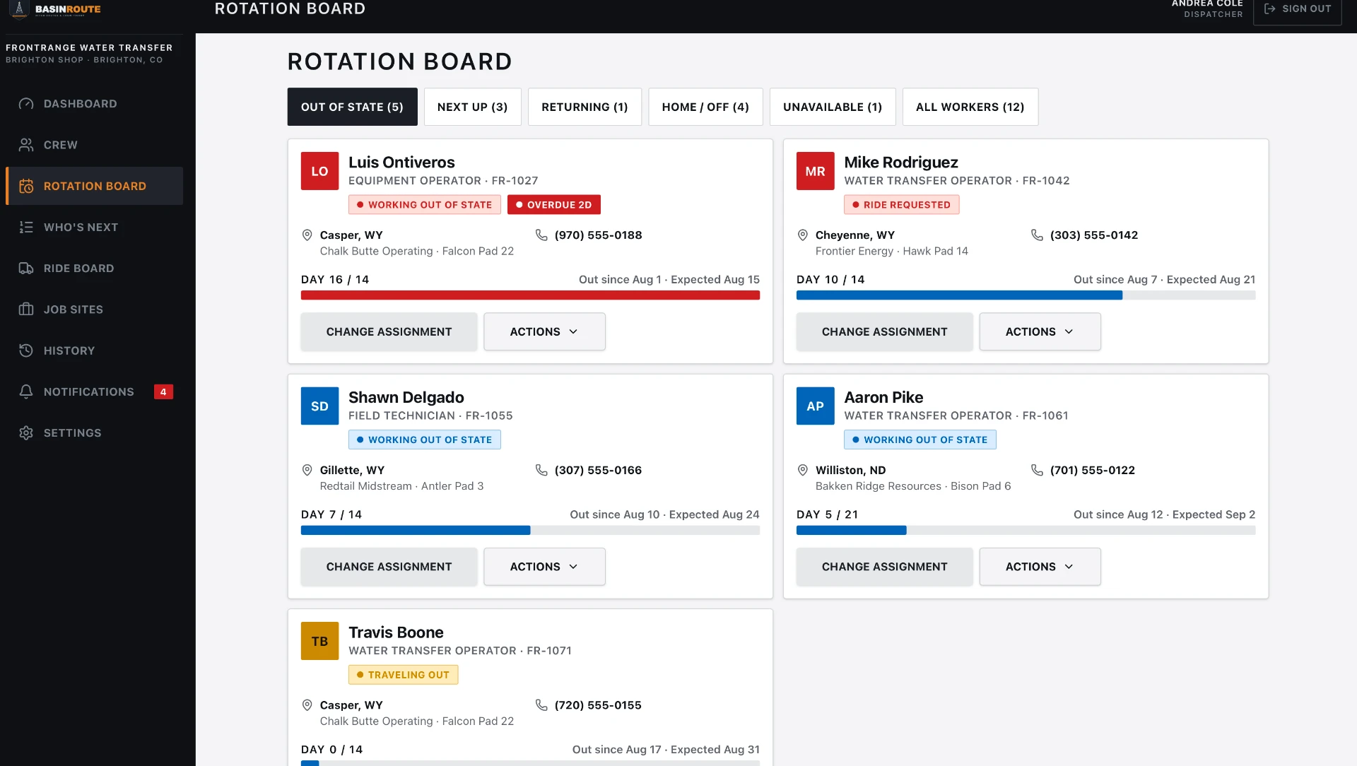BasinRoute Rotation Board interface